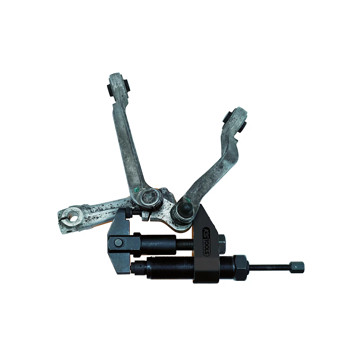 Ein Werkzeug misst an einem Metallteil. Das Werkzeug ist schwarz, das Teil ist grau.